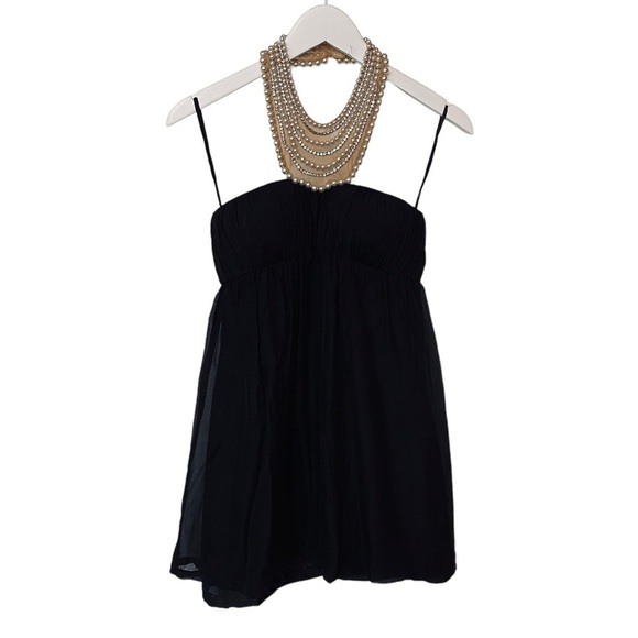 AIDAN MATTOX Dress Size 0 Party Prom Mini Dress Black Pearl Crystal Neckline - Picture 5 of 12